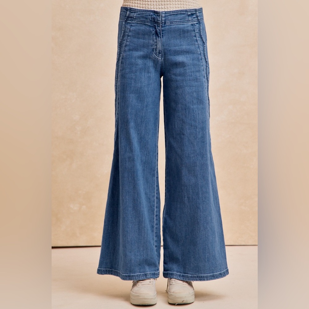 BiBi Wavy Side Edge Detail Lined Wide Leg Jeans